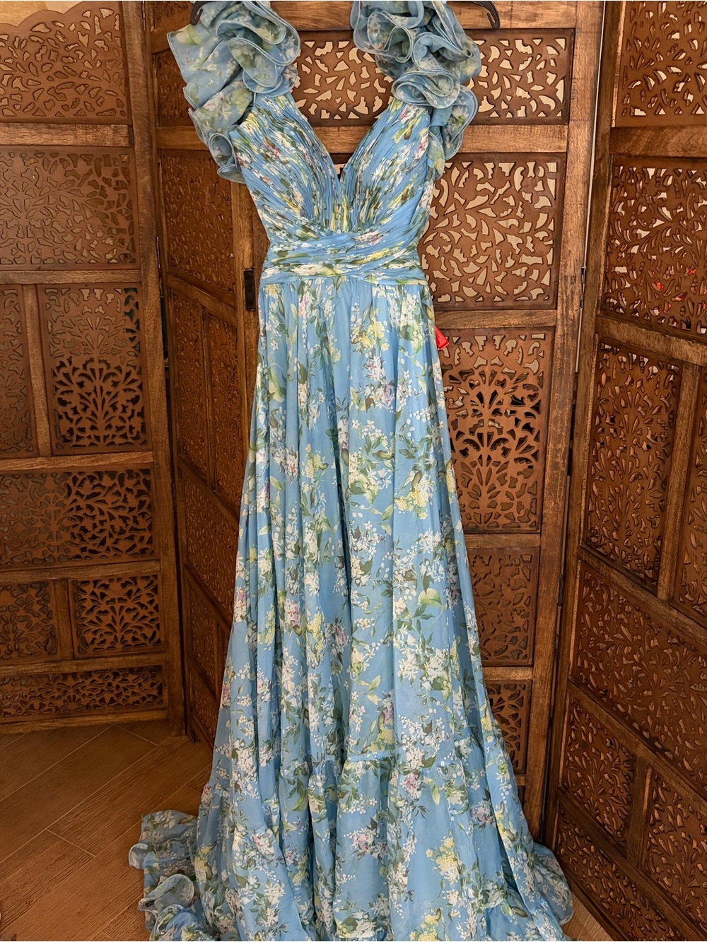 NWT Mac Duggal Blue Ruffle Tiered Floral Cut-Out Chiffon Gown reg $398 size 6 - Picture 11 of 16